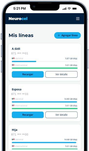 Pantalla Mis líneas del portal Neurocel, con saldos nacional e internacional