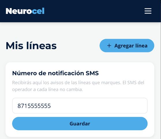 Pantalla Mis líneas: tarjeta Número de notificación SMS, texto de ayuda, número de demostración 8715555555 y botón Guardar